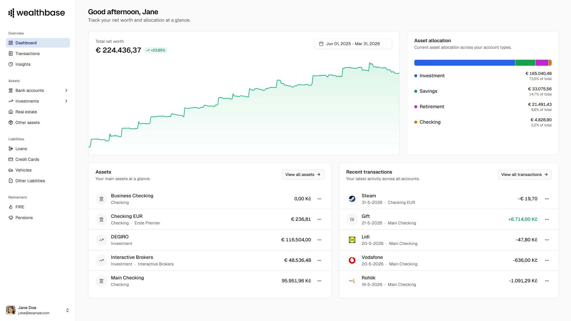 wealthbase dashboard showing account balances, assets, and recent financial activity